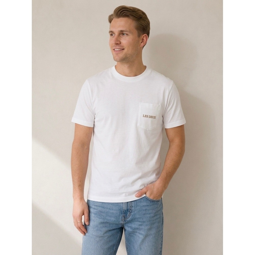Les Deux Copenhagen Golf Pique T-Shirt Mens Large White Pocket Tee Embroidered